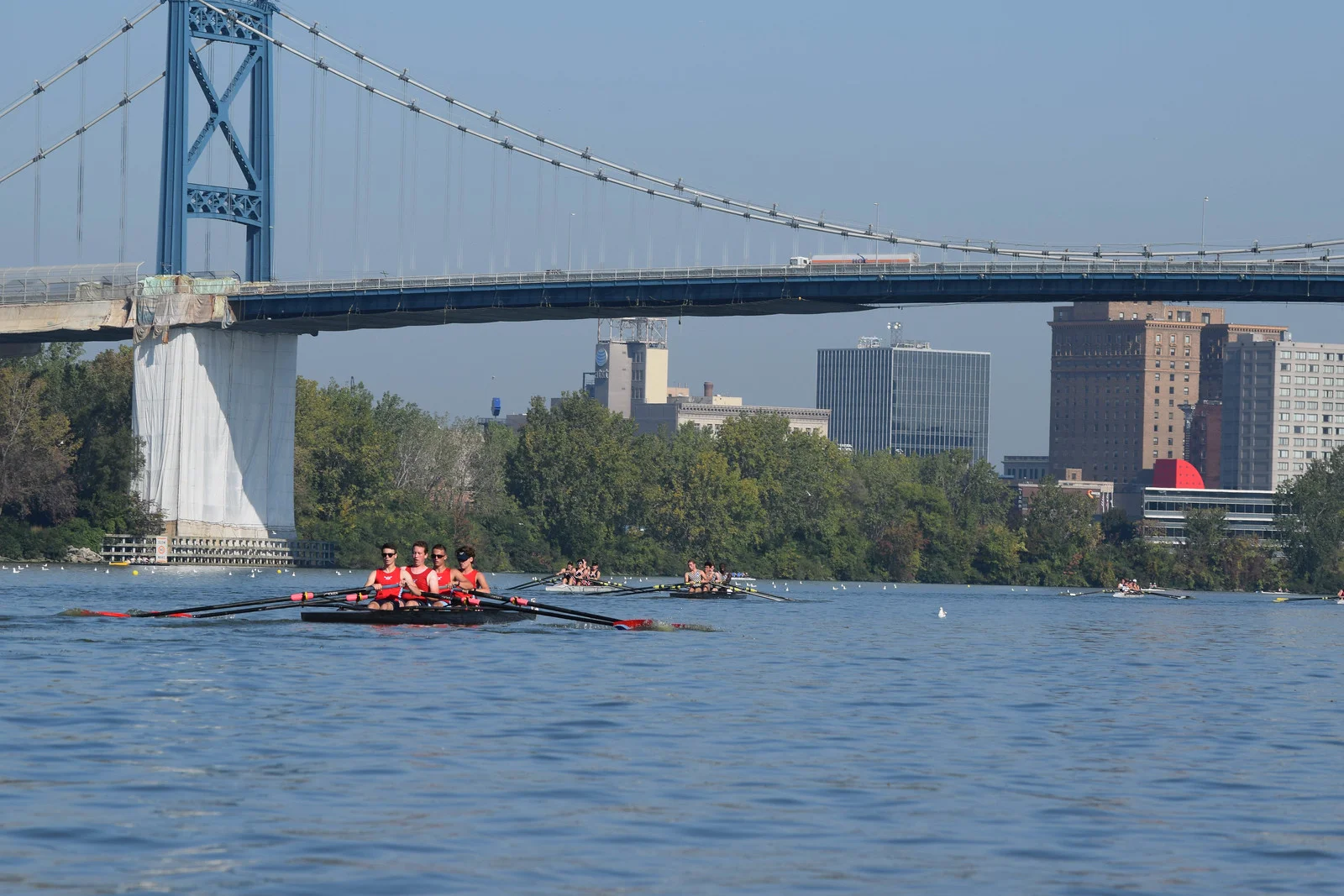 Rowers training on the Maumee River beneath the Anthony Wayne Bridge in Toledo